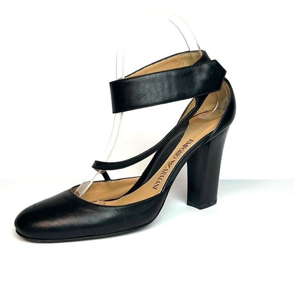 Emporio Armani Black Leather Pumps High Heels Mary Jane size 37,5 US 7,5 Italy - Picture 2 of 16